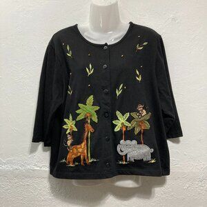 Vintage Onque Casuals Embroidered Cardigan Elbow Sleeve Black Animals Teacher XL